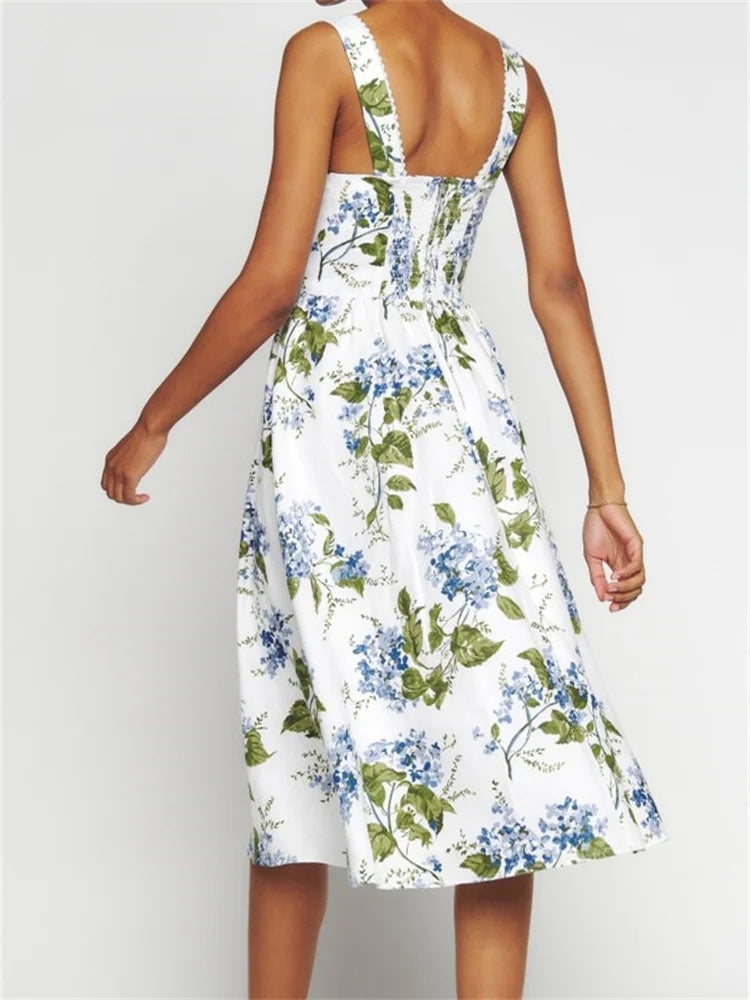 Elegant Square Neck ButtonUp Sling High Waist ALine Summer Midi Dress