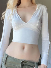 Hooded Ribbed Long Sleeve Deep V Neck Solid Color Slim Fit T-Shirts White / S