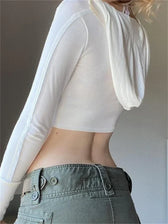 Hooded Ribbed Long Sleeve Deep V Neck Solid Color Slim Fit T-shirts