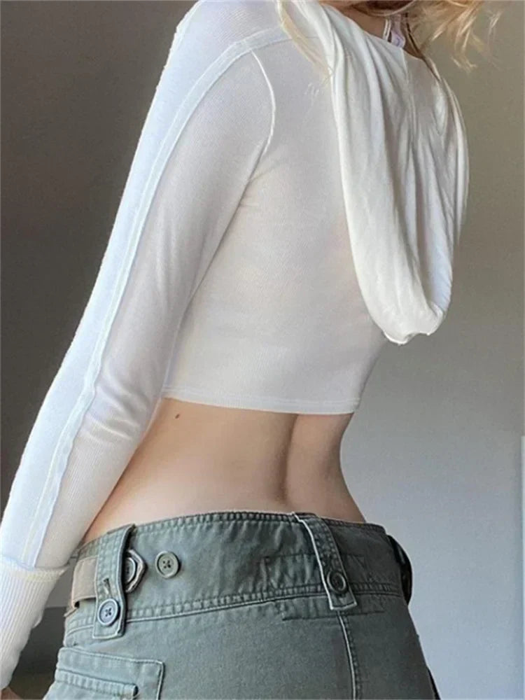 Deep V-Neck Hooded Ribbed Crop Top