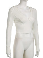 Hooded Ribbed Long Sleeve Deep V Neck Solid Color Slim Fit T-shirts