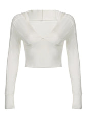 Hooded Ribbed Long Sleeve Deep V Neck Solid Color Slim Fit T-shirts
