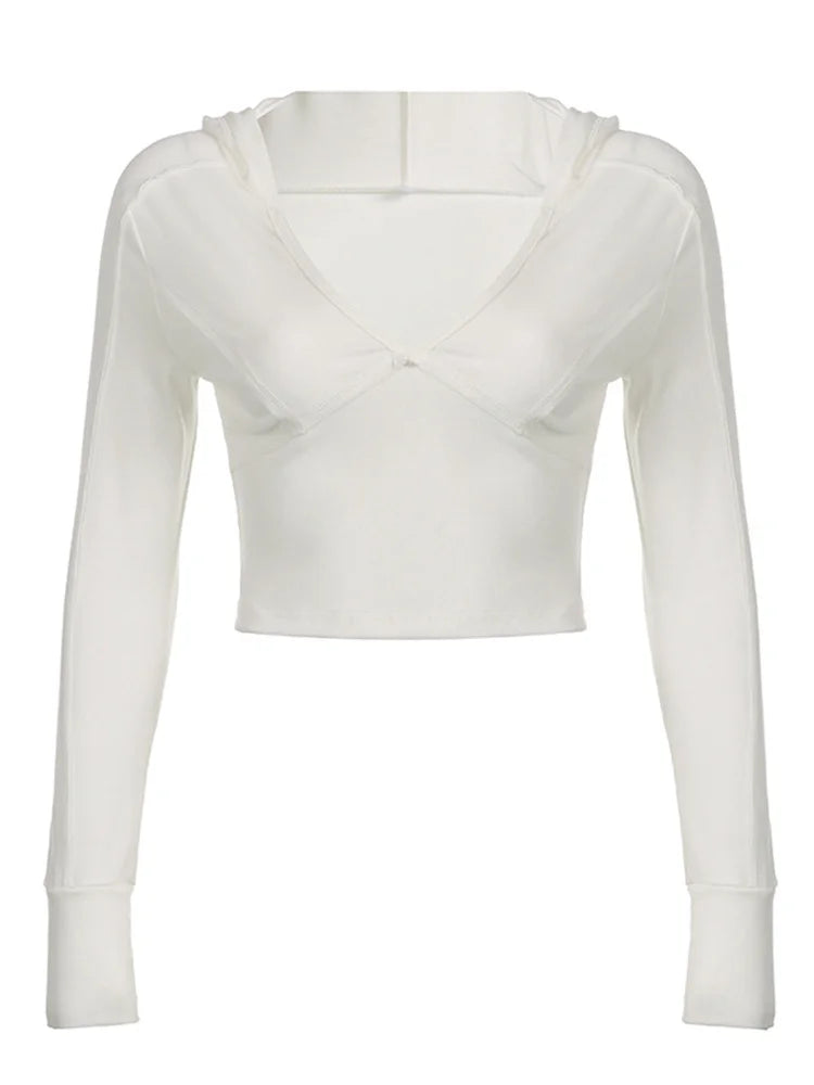 Deep V-Neck Hooded Ribbed Crop Top