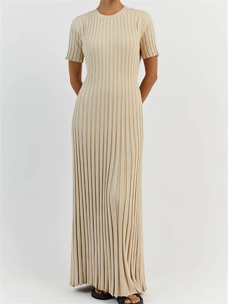 Fashion Women Solid Color Round Neck Short Sleeve Summer Tie-Up Party Ribbed Knitted Female