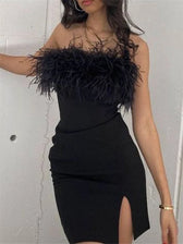 Elegant Feather Fur Hem Patchwork Mini Dresses 2