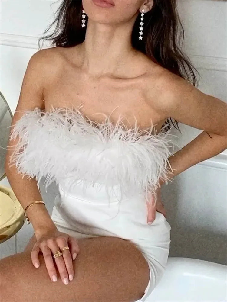 Elegant Feather Fur Hem Patchwork Mini Dresses 3