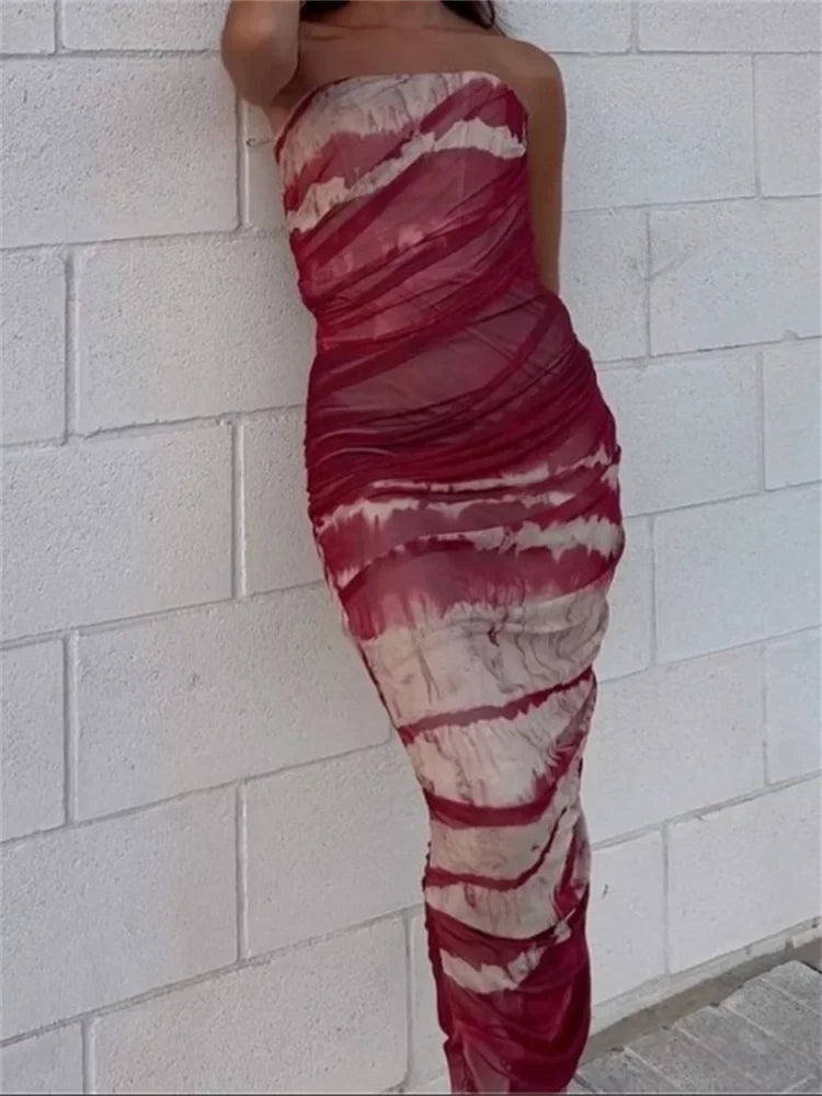 Irregular Tie Dyeing Print Tube for Women Summer Beach Party Clubwear Strapless Off Shoulder Ruched Dress