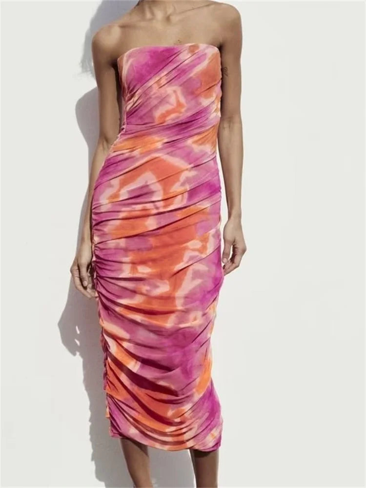 Irregular Tie Dyeing Print Tube for Women Summer Beach Party Clubwear Strapless Off Shoulder Ruched Dress
