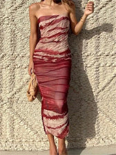 Irregular Tie Dyeing Print Tube for Women Summer Beach Party Clubwear Strapless Off Shoulder Ruched Dress