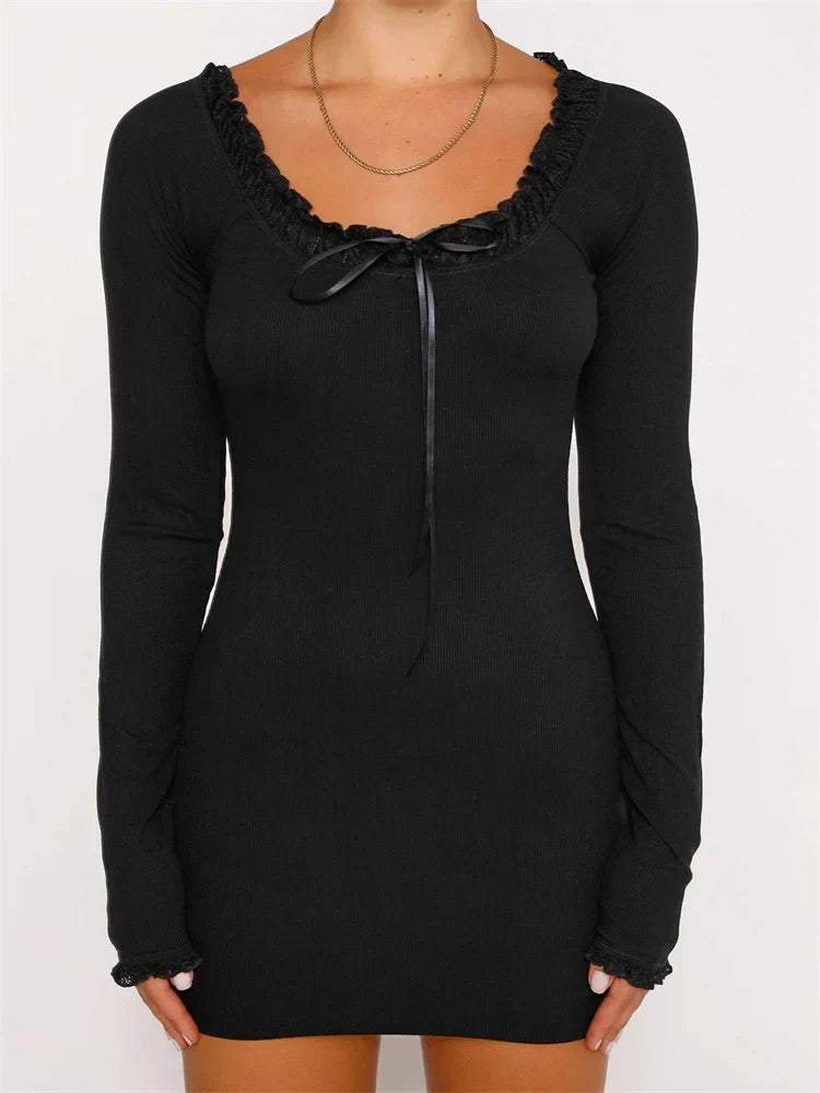 Patchwork Lace Ribbed Mini Dress