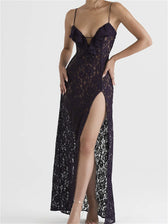 Lace Floral See Through for Women Sexy Sleeveless Strap V-neck Ruffles Patchwork High Split Vestidos