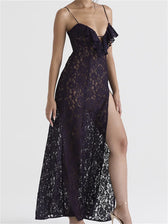 Lace Floral See Through for Women Sexy Sleeveless Strap V-neck Ruffles Patchwork High Split Vestidos