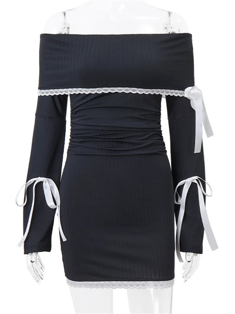 Lace Patchwork Off Shoulder Long Sleeve Mini Dresses 3