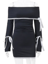 Lace Patchwork Off Shoulder Long Sleeve Mini Dresses 3