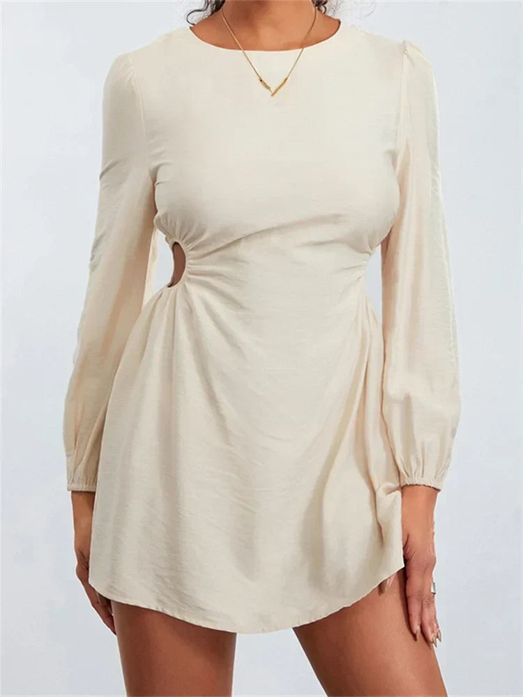 Long Sleeve Waist Hollow Out Tie Up Mini Dress