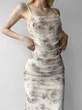 Retro Floral Print for Women Sleeveless Strap V-neck Ruched Split Summer Party Female Vestidos