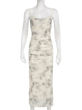 Retro Floral Print for Women Sleeveless Strap V-neck Ruched Split Summer Party Female Vestidos