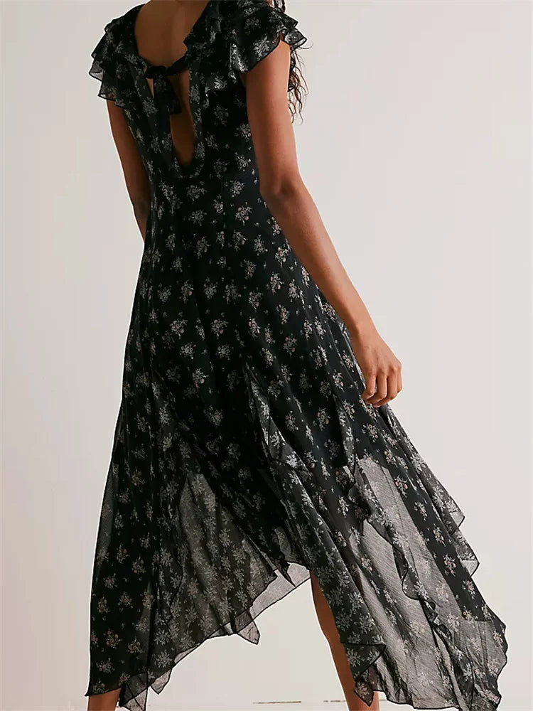 Vintage Washed Deep V-Neck Floral Midi Dress