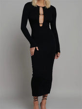 Round Neck Hollow Out Party Clubwear For Women Backless Sleeve Solid Color Slim Fit Vestidos Black