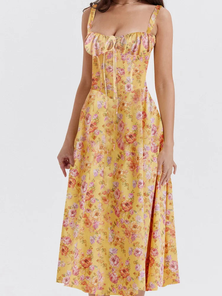 Ruched Sleeveless Strap Square Neck LaceUp High Split Midi Dress