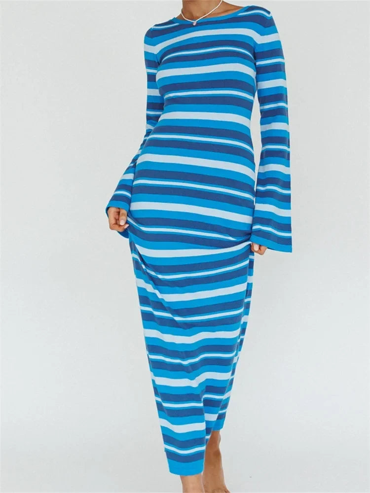 Sexy Women Knitted Sleeve Crew Neck Backless Tie-up Striped Print Slim Fit Spring Fall Vestidos