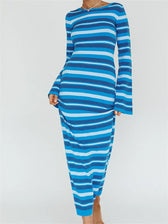 Sexy Women Knitted Sleeve Crew Neck Backless Tie-up Striped Print Slim Fit Spring Fall Vestidos