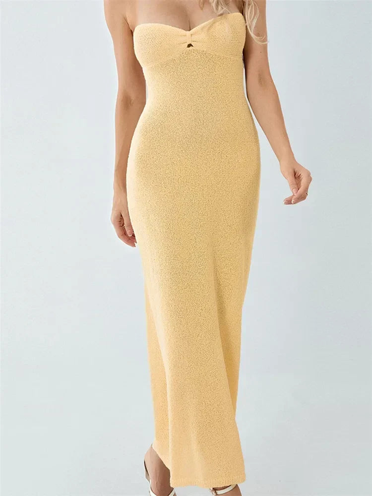 Sexy Women Knitted Tube Strapless Off Shoulder Solid Summer Tie-Up Backless Beach Female Vestidos
