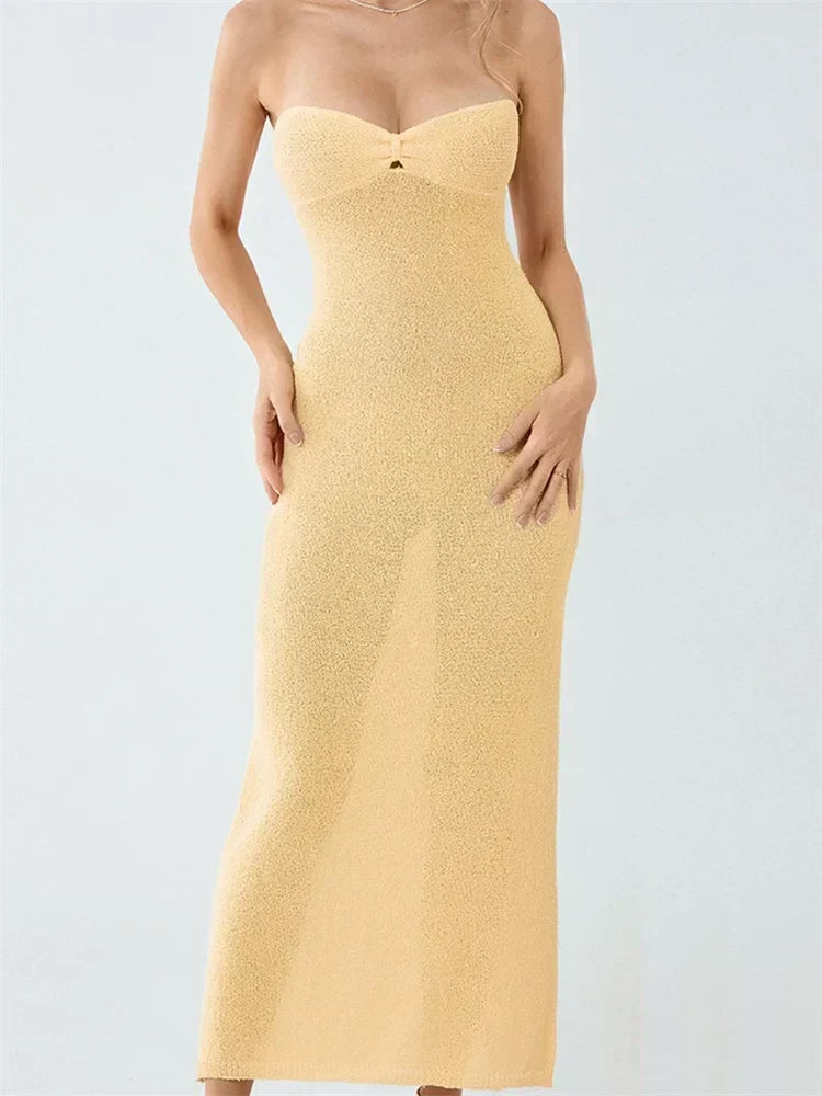 Strapless Sweetheart Neck Keyhole Textured Knit Bodycon Maxi Dress 3