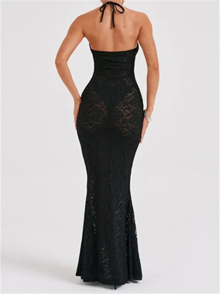 Sexy Women Lace Sexy Mesh See Through Summer Off Shoulder V-neck Halter Black Beach Female Vestidos