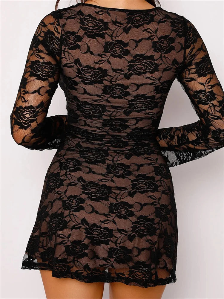 Floral Lace Sweetheart Neck Long Sleeve Bodycon Mini Dress 3