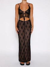 Sexy Women Lace Sleeveless Strap Sling Party Club Mesh See Through Hollow Out Slim Fit Vestidos