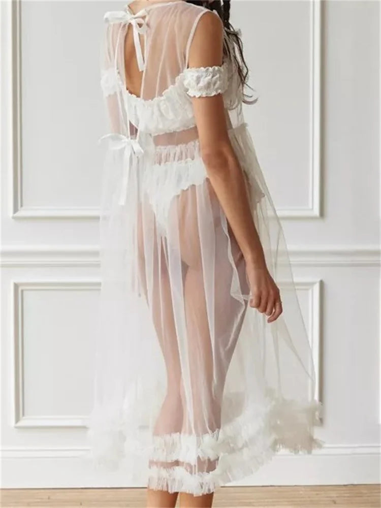 Sheer SeeThrough Solid Color Crew Neck Ruffles Sleeveless Midi Dress