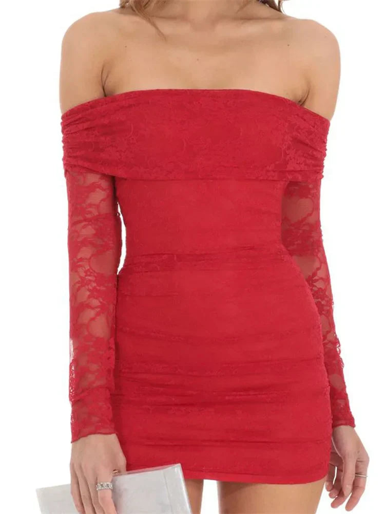 Lace Off Shoulder Long Sleeve Ruched Bodycon Mini Dress
