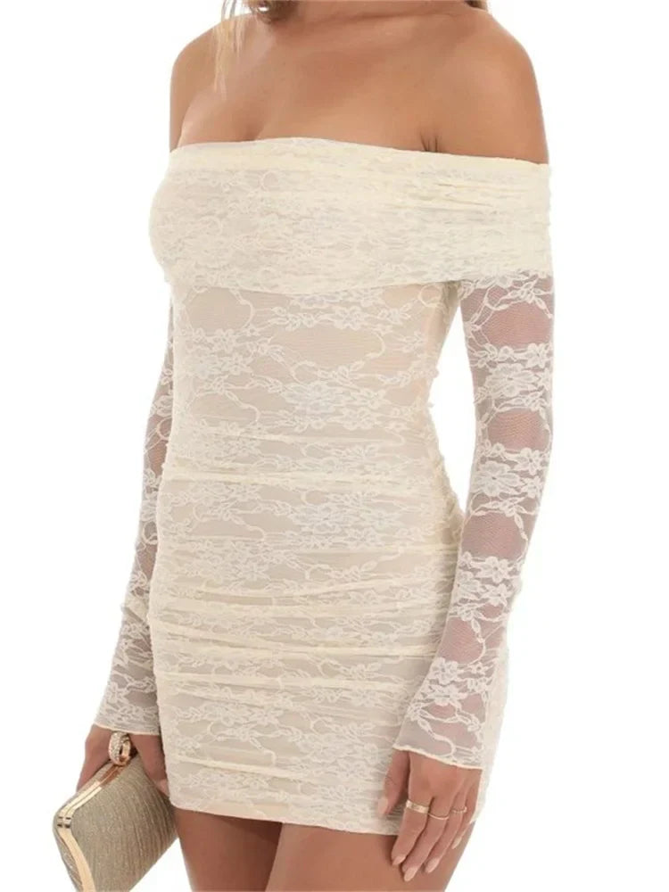 Lace Off Shoulder Long Sleeve Ruched Bodycon Mini Dress