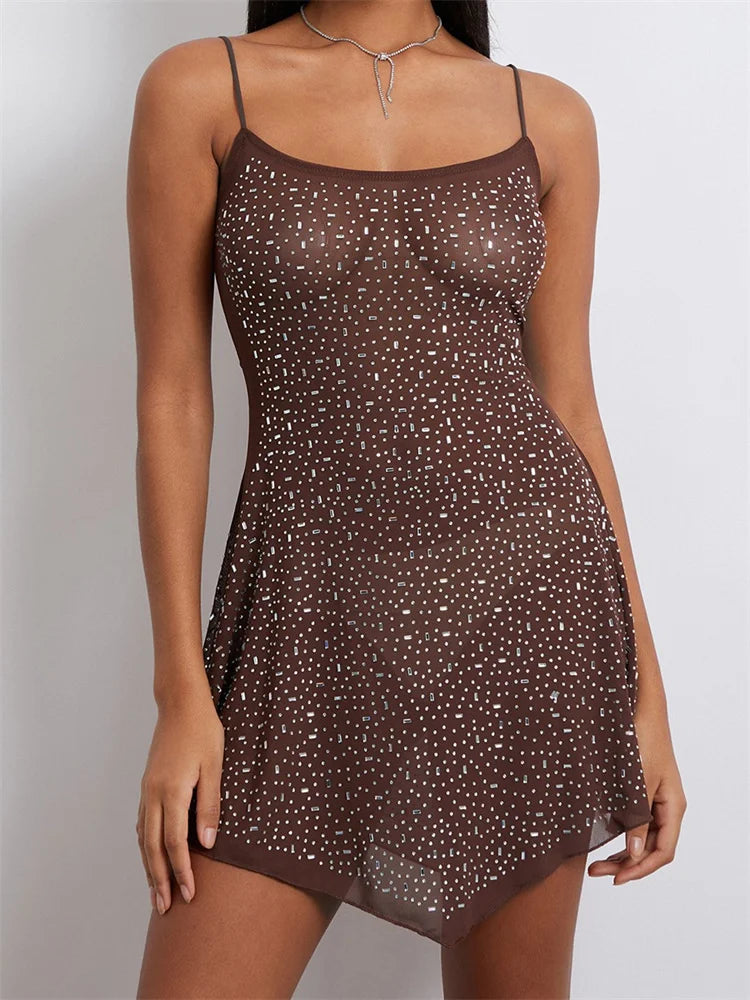 Rhinestone Mesh Spaghetti Strap Scoop Neck Irregular Hem Mini Party Dress