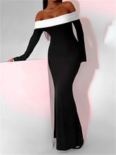 Sexy Women Slash Neck Off Shoulder Sleeve Contrast Color Slim Fit Party Formal Female Vestidos
