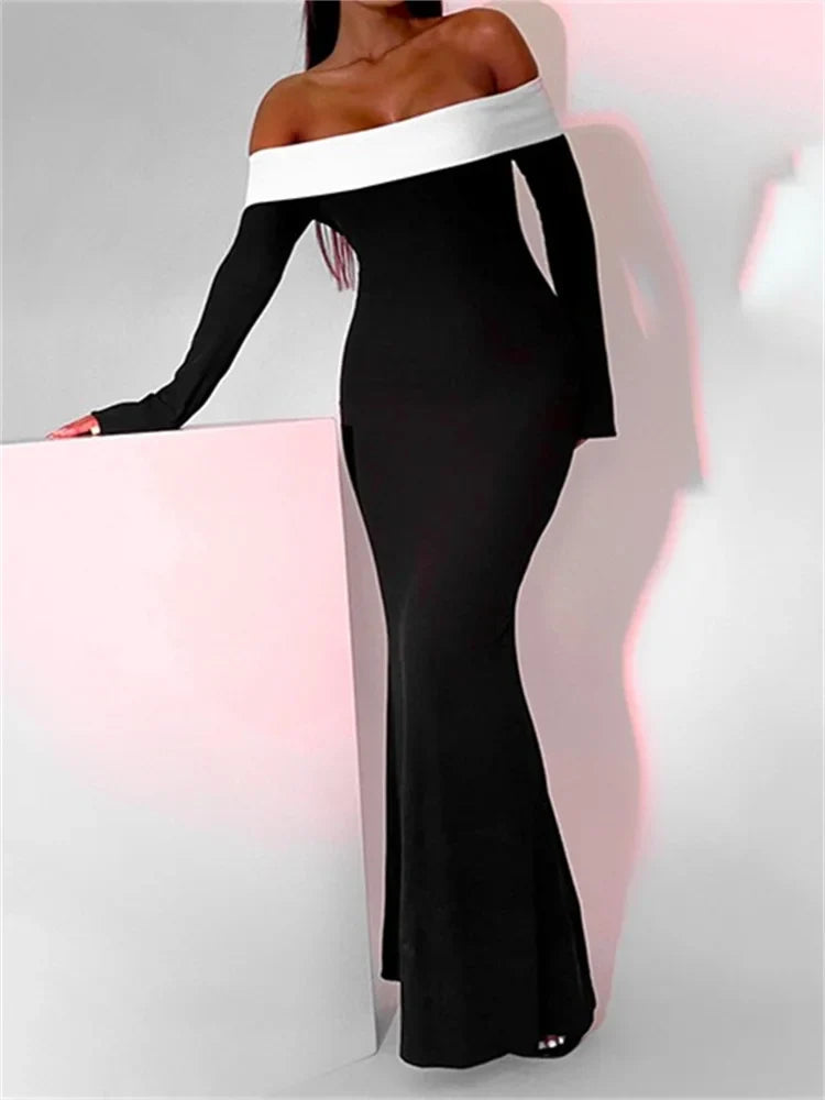 Sexy Women Slash Neck Off Shoulder Sleeve Contrast Color Slim Fit Party Formal Female Vestidos