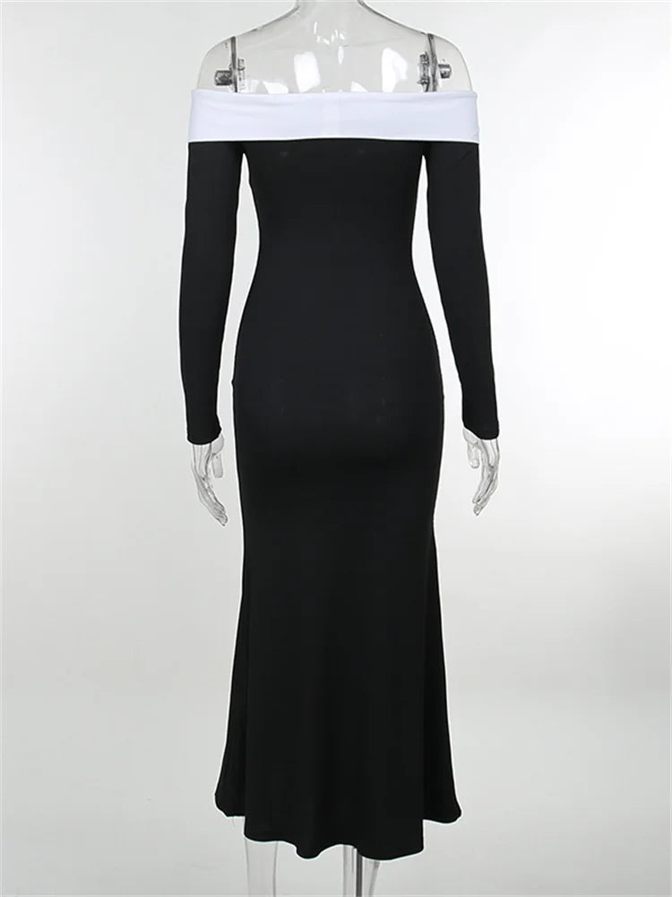 Sexy Women Slash Neck Off Shoulder Sleeve Contrast Color Slim Fit Party Formal Female Vestidos
