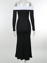 Sexy Women Slash Neck Off Shoulder Sleeve Contrast Color Slim Fit Party Formal Female Vestidos