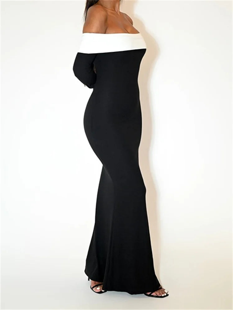Sexy Women Slash Neck Off Shoulder Sleeve Contrast Color Slim Fit Party Formal Female Vestidos