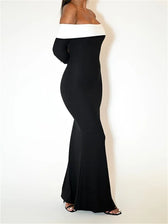 Sexy Women Slash Neck Off Shoulder Sleeve Contrast Color Slim Fit Party Formal Female Vestidos