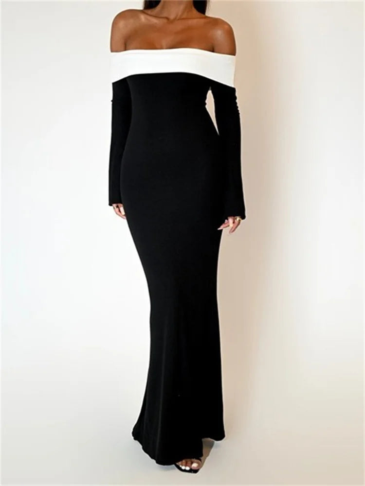 Sexy Women Slash Neck Off Shoulder Sleeve Contrast Color Slim Fit Party Formal Female Vestidos