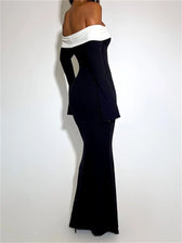 Sexy Women Slash Neck Off Shoulder Sleeve Contrast Color Slim Fit Party Formal Female Vestidos