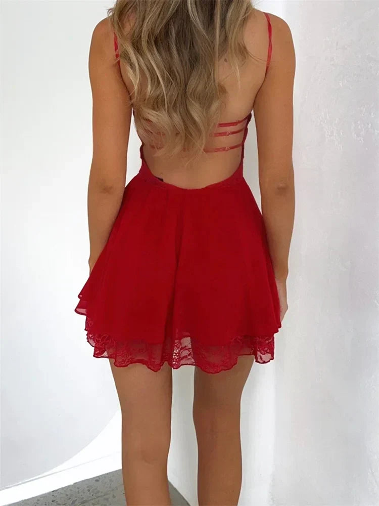 Ruched Bust Sheer Lace Waist Spaghetti Strap Skater Mini Dress 5