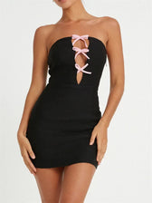 Sexy Strapless Off Shoulder Casual Bow Patchwork Cutout Mini Dress