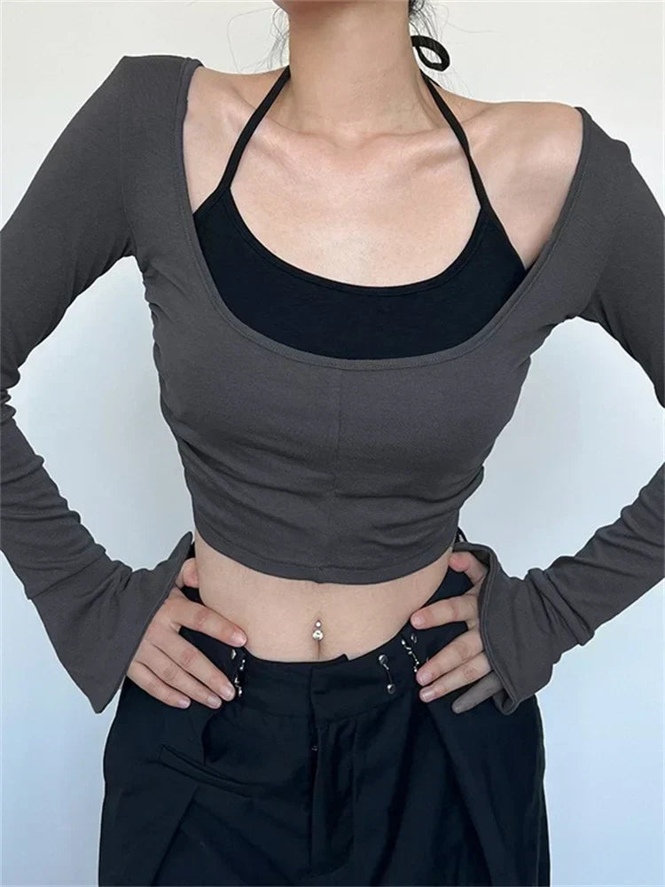 Layered Look Halter Neck Scoop Neck Flare Sleeve Crop Top
