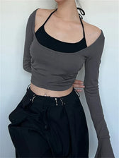 Halter Tie-upOff Shoulder Patchwork Long Sleeve Slim Fit T-shirts