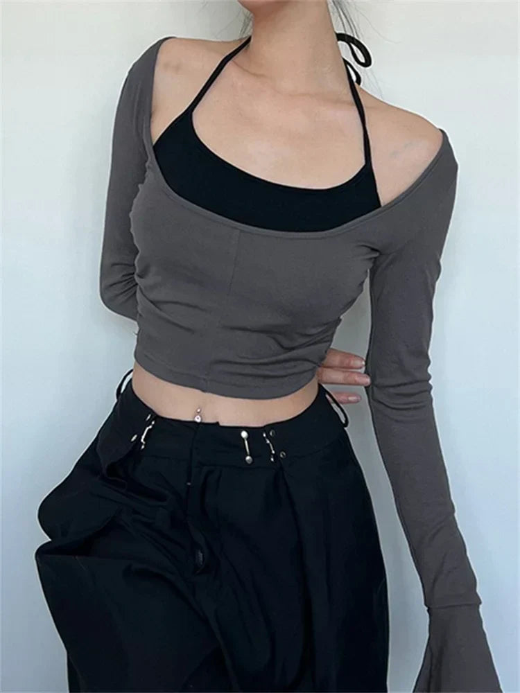 Patchwork Off-the-Shoulder Halter-Neck Long Sleeve Top