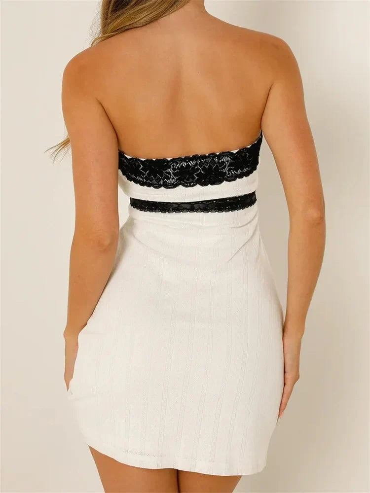 Off Shoulder Lace Trim Tube Mini Dresses 3