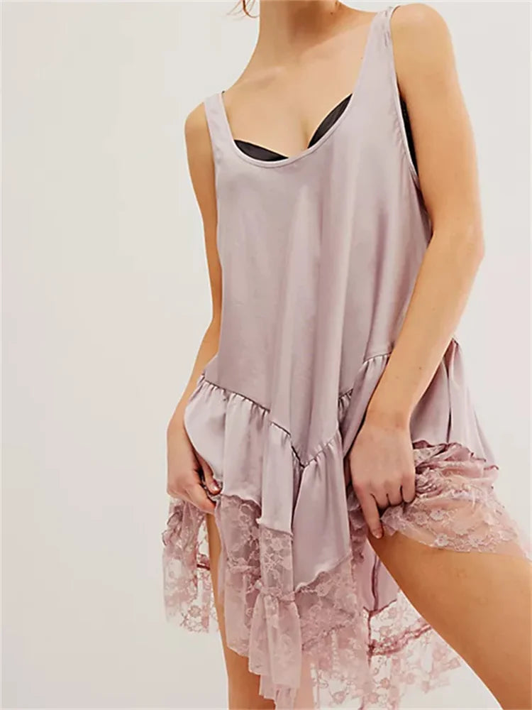 Scoop Neck Sleeveless Ruffle Lace Hem Tank Mini Dress 3